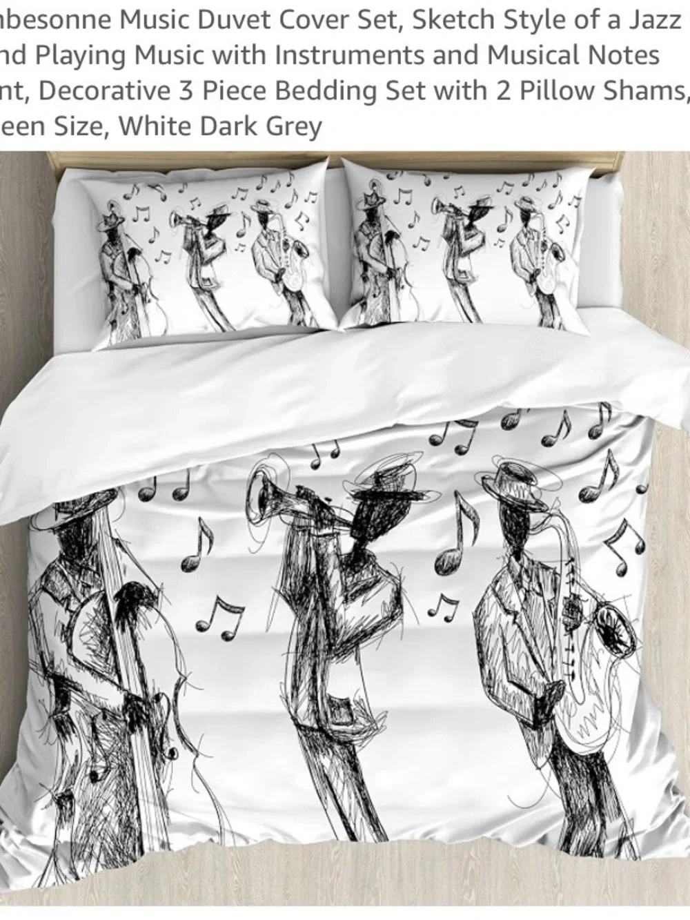 Ambesonne Queen Music Jazz Duvet Cover & 2 Shams Set - Microfiber White & Black